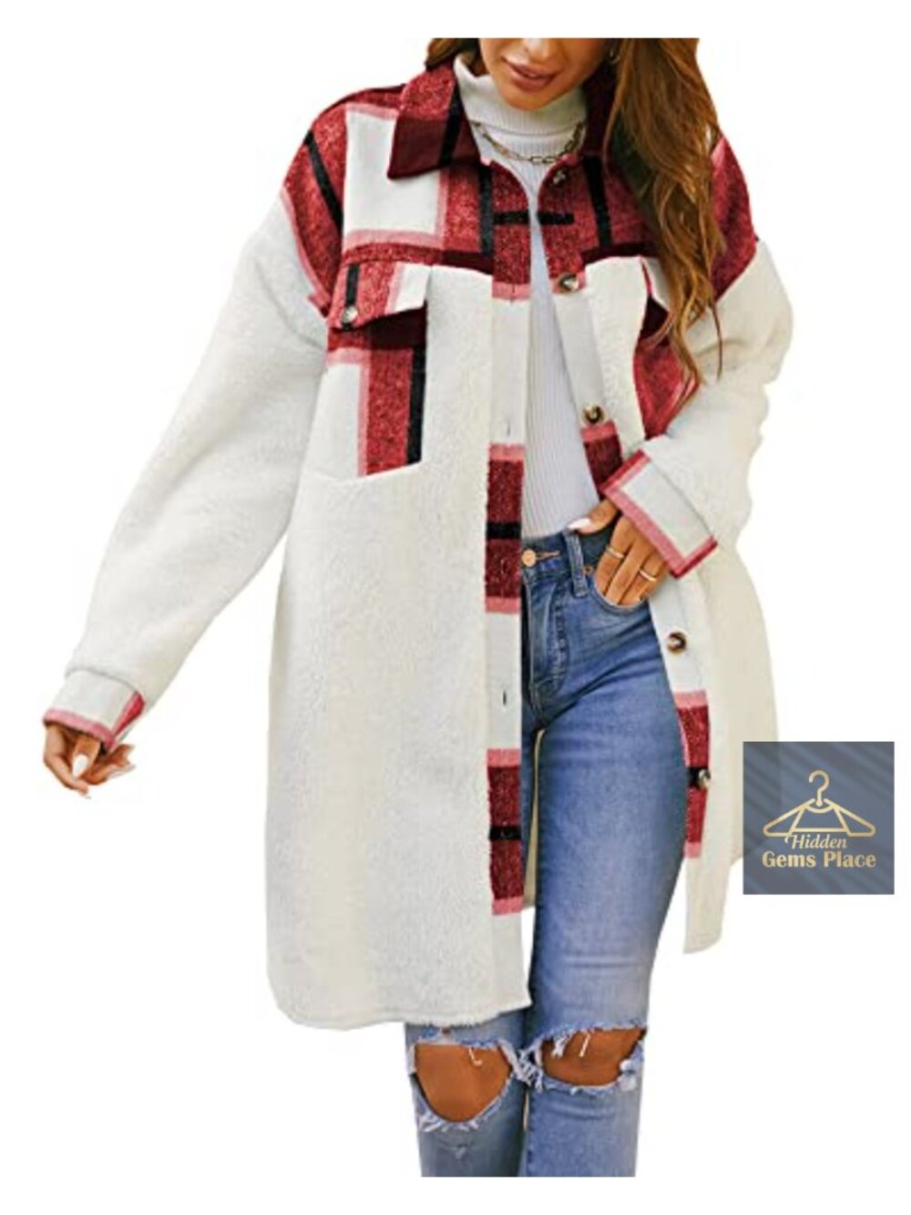 Women's Faux Fur Plaid Shacket Jacket, Fuzzy Fleece Button Down, Oversized